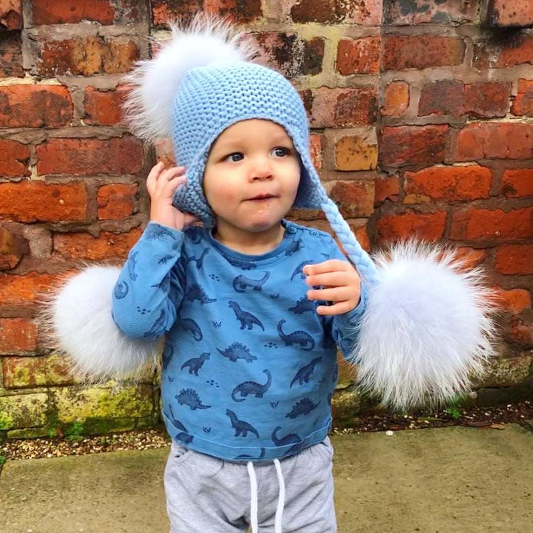 Pale Blue Stocking Stitch Hat with Luxury Pom Poms