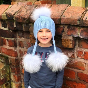 Pale Blue Stocking Stitch Hat with Luxury Pom Poms