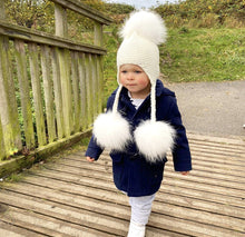 Load image into Gallery viewer, Cream Stocking Stitch Hat with Luxury Pom Poms
