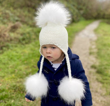 Load image into Gallery viewer, Cream Stocking Stitch Hat with Luxury Pom Poms
