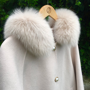 Oatmeal Cashmere Coat with Fur Hood Trim