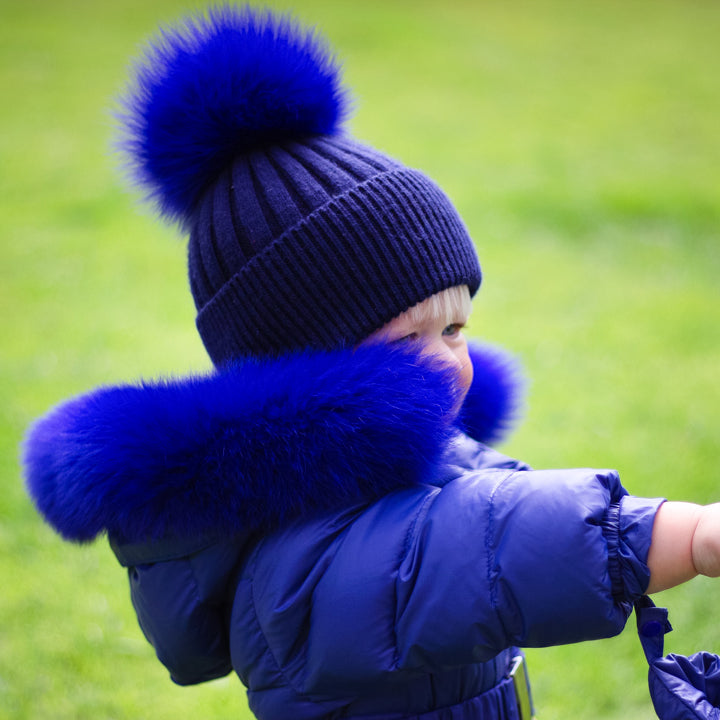 Navy Blue Cashmere Pom Pom Hat