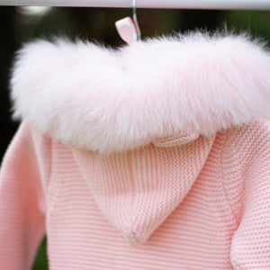 Knitted Pramsuit with Fur Hood - Pink