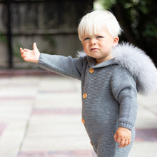 Load image into Gallery viewer, Knitted Pramsuit with Fur Hood - Grey
