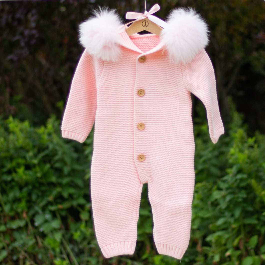 Knitted Pramsuit with Fur Hood - Pink