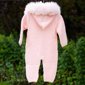 Knitted Pramsuit with Fur Hood - Pink