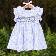 Load image into Gallery viewer, Blue Floral Hand Smocked Dress
