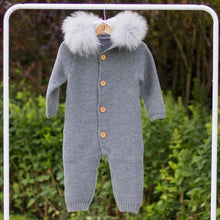 Load image into Gallery viewer, Knitted Pramsuit with Fur Hood - Grey
