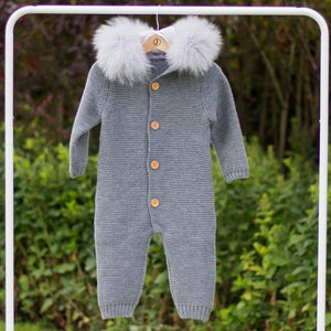 Knitted Pramsuit with Fur Hood - Grey