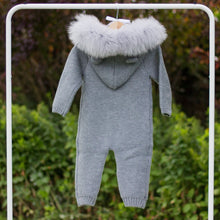 Load image into Gallery viewer, Knitted Pramsuit with Fur Hood - Grey
