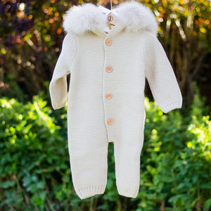 Knitted Pramsuit with Fur Hood - Oatmeal