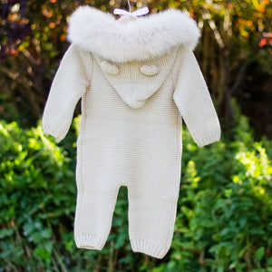 Knitted Pramsuit with Fur Hood - Oatmeal